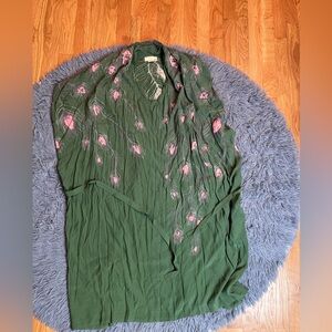 Anthropologie Rützou Green Feather Print Lagenlook Dress Size 12